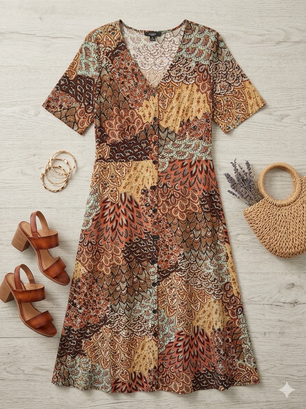 MSK V-Neck Boho Maxi Dress in Brown and Tan Multi